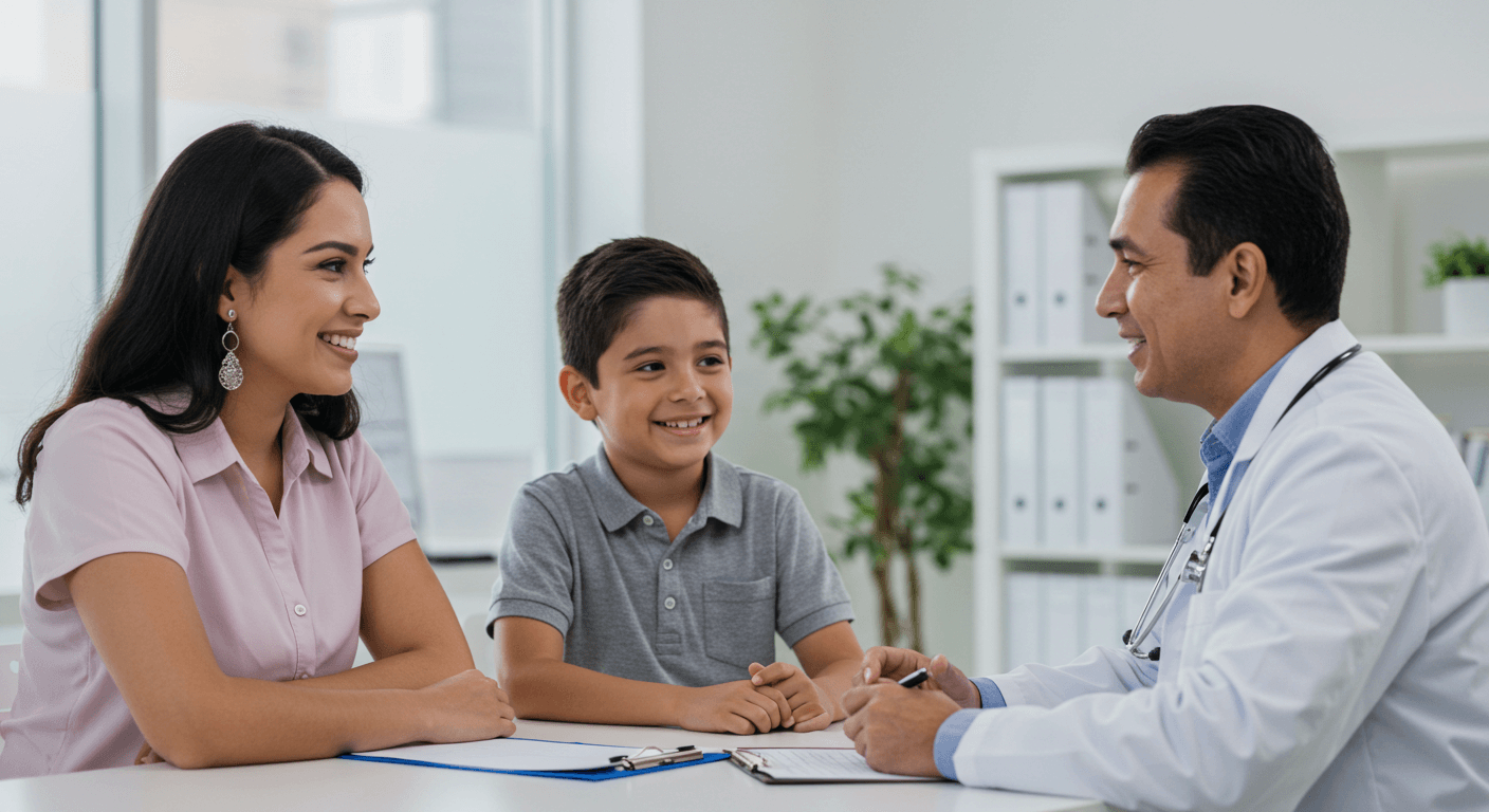 Una familia sonriendo y conversando con un médico en un consultorio moderno y luminoso, transmitiendo confianza y bienestar